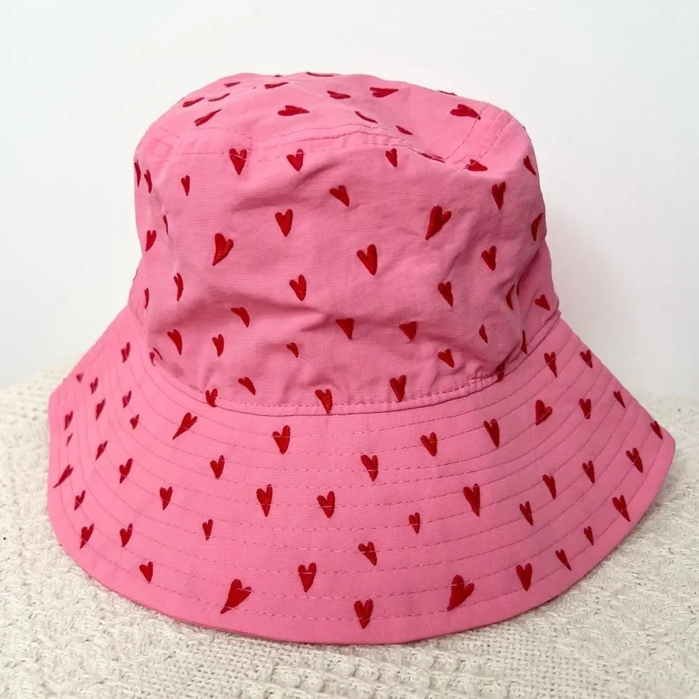 Cynthia Rowley Sweetheart Embroidered Bucket Hat Pink Red Hearts
